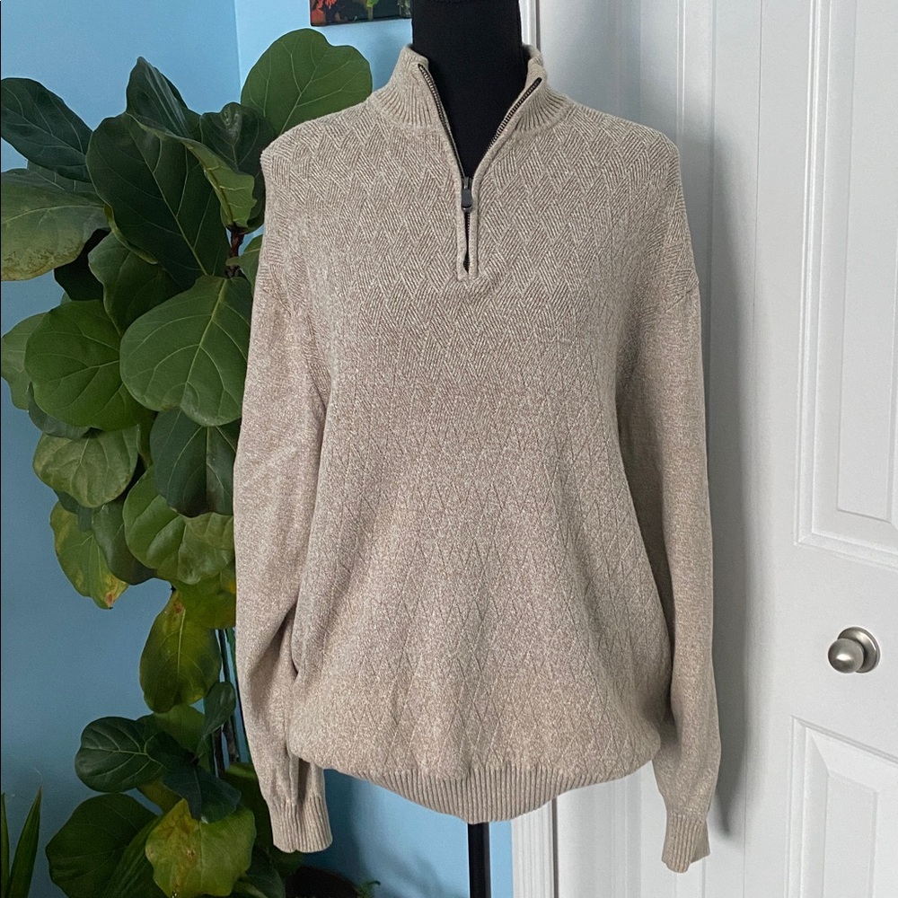 Joseph Abboud Large Tan 100% Cotton Woven Knit Long Sleeve Quarter Zip Sweater